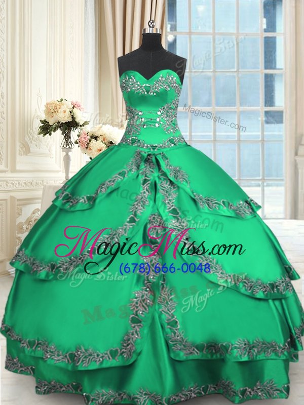 wholesale pretty sleeveless taffeta floor length lace up quinceanera gown in turquoise for with beading and embroidery and ruffled layers