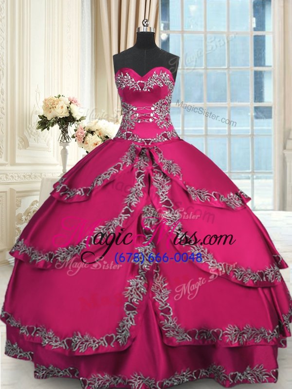 wholesale glamorous fuchsia sleeveless floor length beading and embroidery and ruffled layers lace up sweet 16 dress