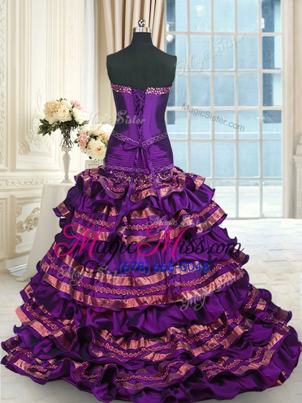 wholesale suitable mermaid purple sweet 16 dresses military ball and sweet 16 and quinceanera and for with appliques and ruffled layers and bowknot sweetheart sleeveless brush train lace up