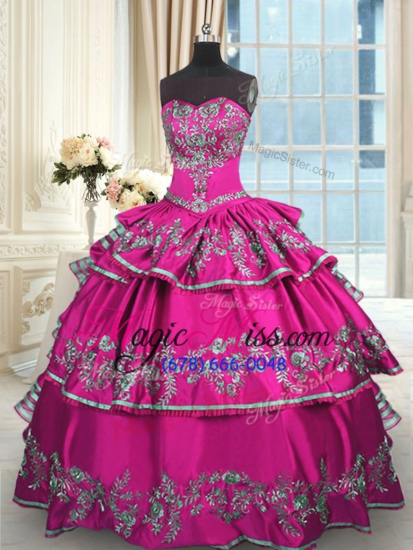 wholesale nice fuchsia sleeveless embroidery and ruffled layers floor length quinceanera dresses