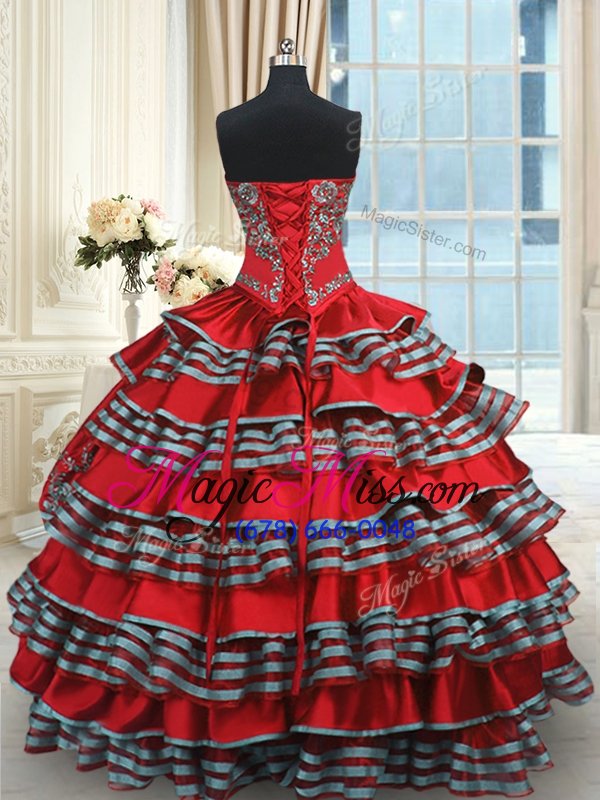 wholesale amazing floor length red quinceanera gowns taffeta sleeveless embroidery and ruffled layers