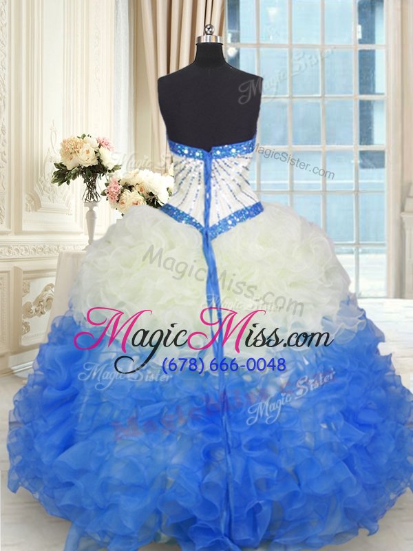 wholesale colorful blue and white sweetheart lace up beading and ruffles ball gown prom dress sleeveless