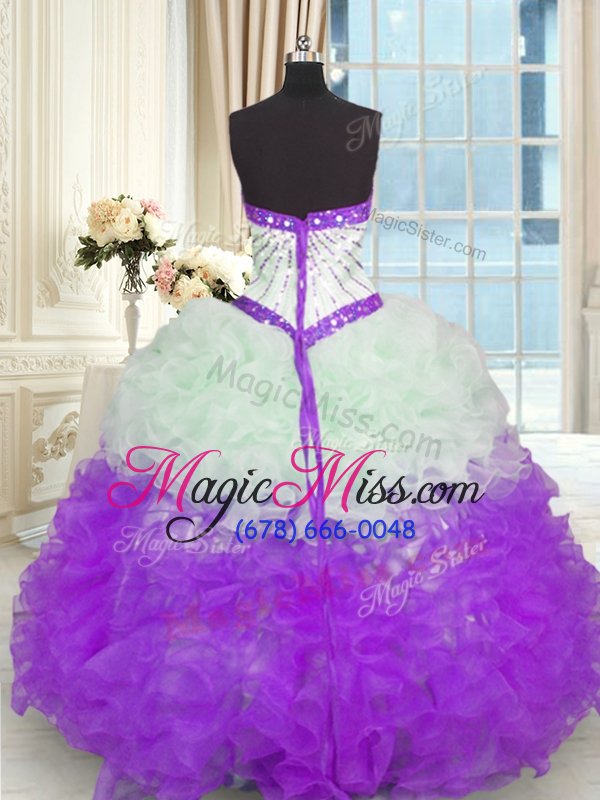 wholesale flare white and purple sweetheart neckline beading and ruffles sweet 16 dress sleeveless lace up