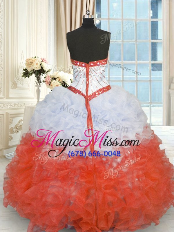 wholesale white and red lace up sweetheart beading and ruffles quinceanera gown organza sleeveless