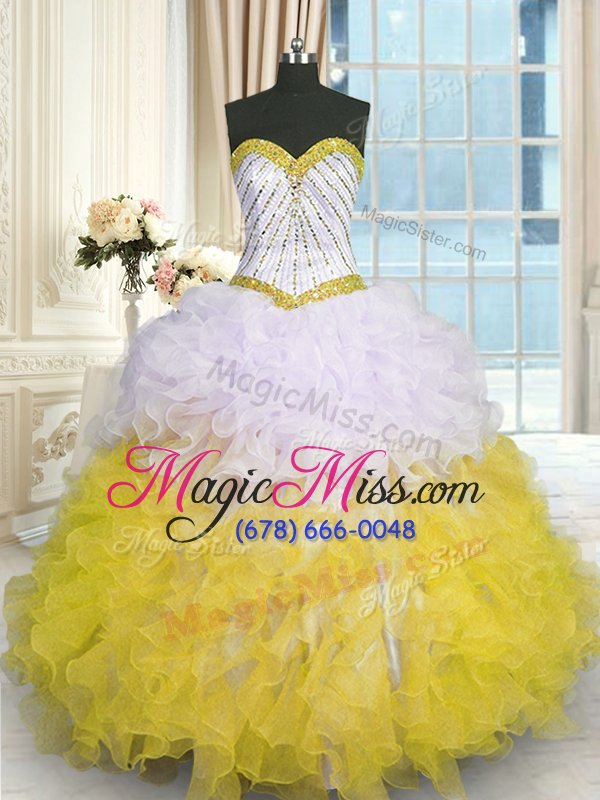 wholesale glorious yellow and white organza lace up sweet 16 dress sleeveless floor length beading and ruffles