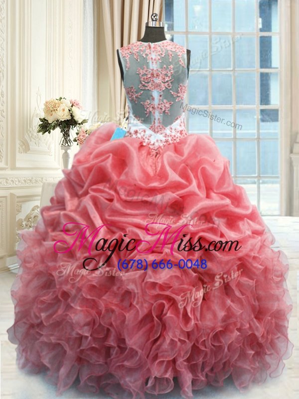 wholesale suitable scoop watermelon red sleeveless organza zipper quinceanera dress for military ball and sweet 16 and quinceanera