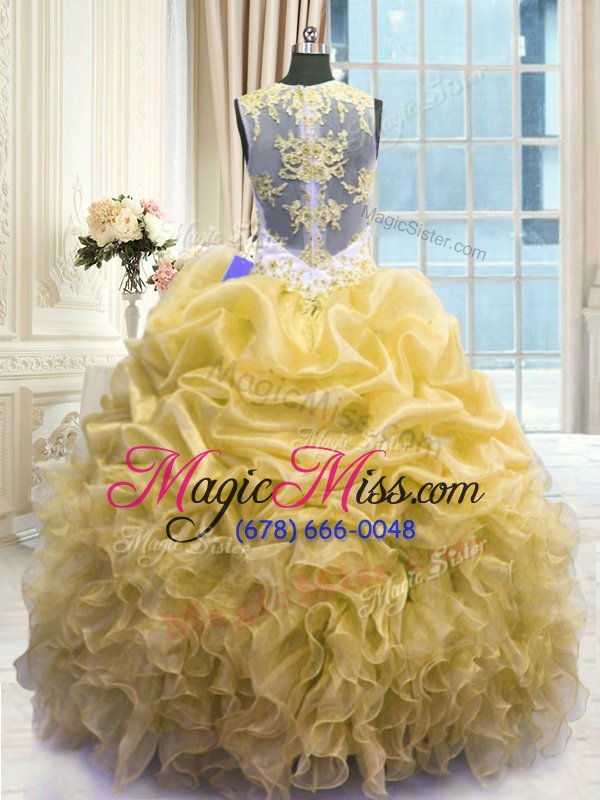 wholesale custom design scoop sleeveless floor length beading and ruffles zipper ball gown prom dress with gold