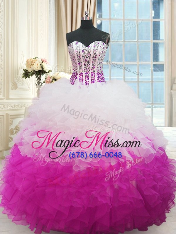 wholesale modern white and fuchsia sleeveless organza lace up vestidos de quinceanera for military ball and sweet 16 and quinceanera