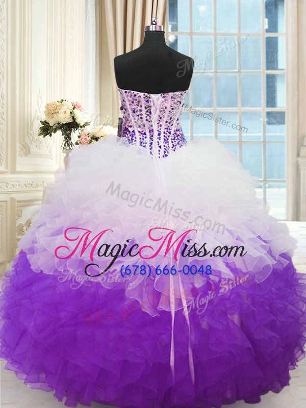 wholesale artistic organza sweetheart sleeveless lace up beading and ruffles sweet 16 quinceanera dress in white and purple