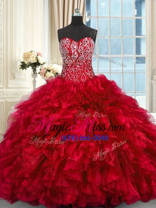 wholesale fashion sleeveless beading and ruffles lace up ball gown prom dress with red brush train
