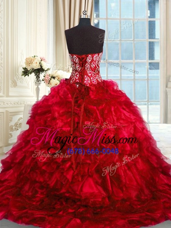 wholesale fashion sleeveless beading and ruffles lace up ball gown prom dress with red brush train