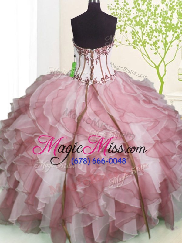 wholesale sophisticated floor length pink and white ball gown prom dress organza sleeveless ruffles
