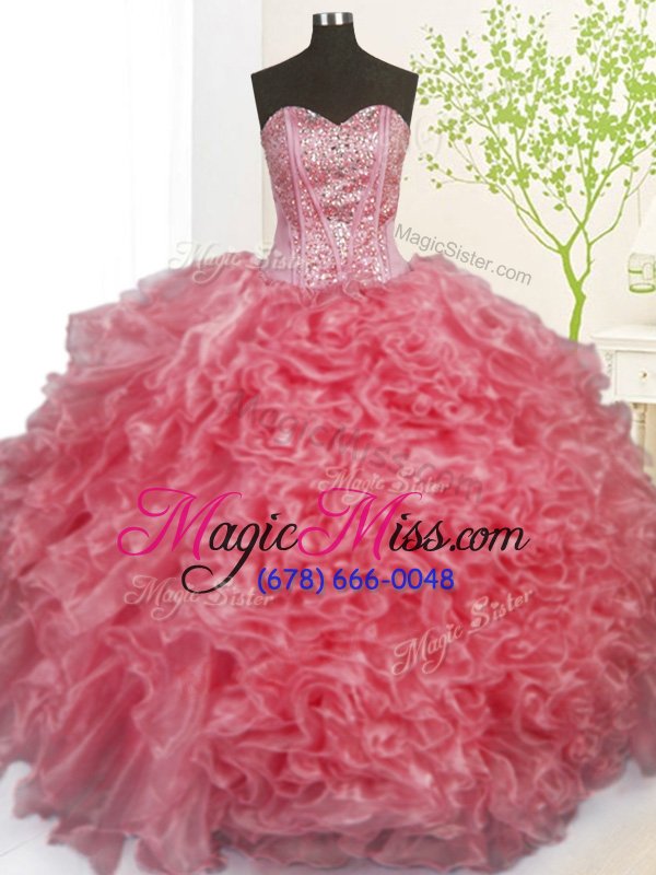 wholesale custom fit rose pink ball gowns organza sweetheart sleeveless beading and ruffles and pick ups floor length lace up quinceanera dress