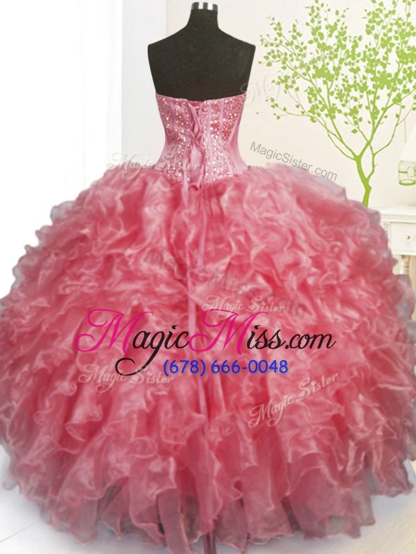wholesale custom fit rose pink ball gowns organza sweetheart sleeveless beading and ruffles and pick ups floor length lace up quinceanera dress