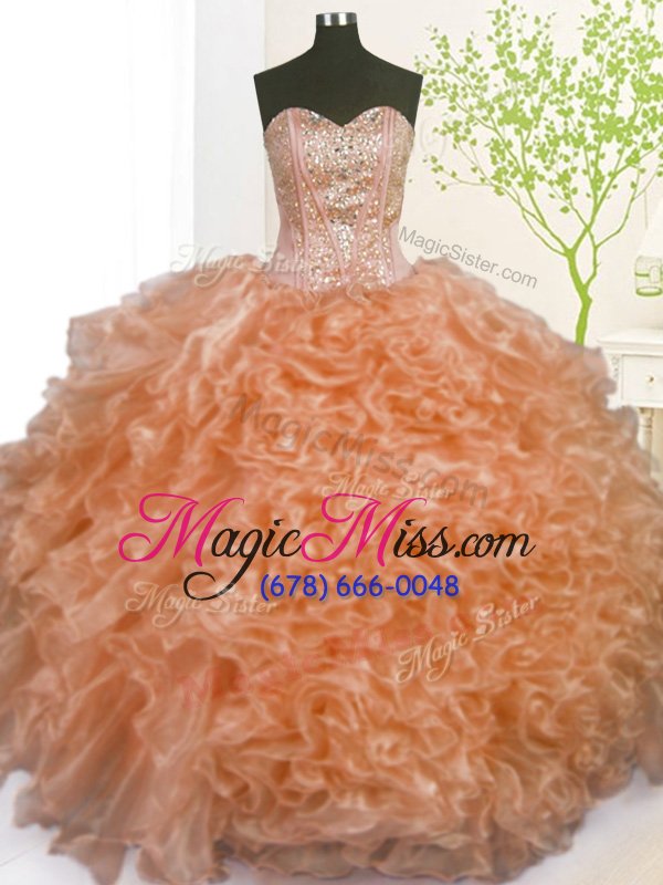 wholesale eye-catching sweetheart sleeveless 15th birthday dress floor length beading and ruffles and pick ups peach organza