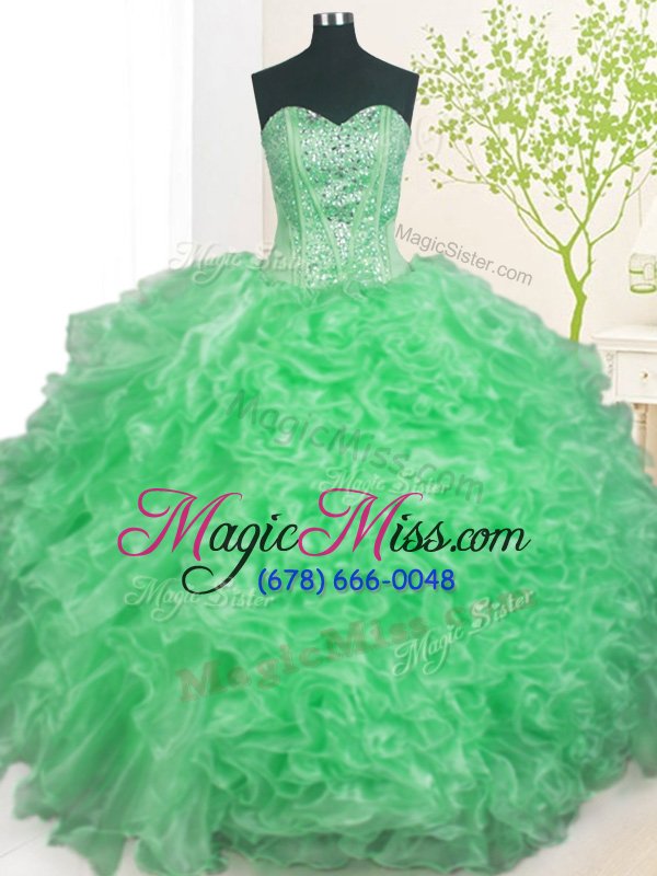wholesale artistic apple green lace up sweetheart beading and ruffles and pick ups quince ball gowns organza sleeveless