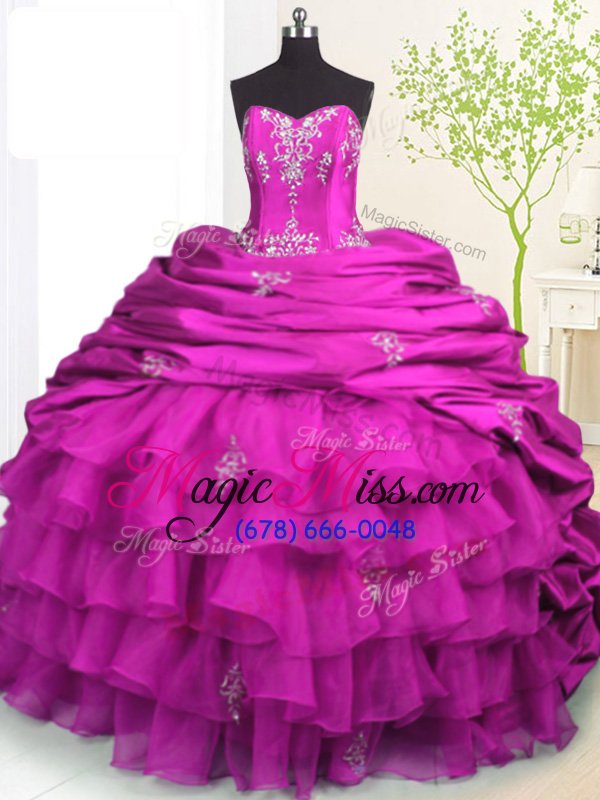 wholesale shining fuchsia strapless lace up beading and appliques and ruffled layers and pick ups quinceanera gowns brush train sleeveless