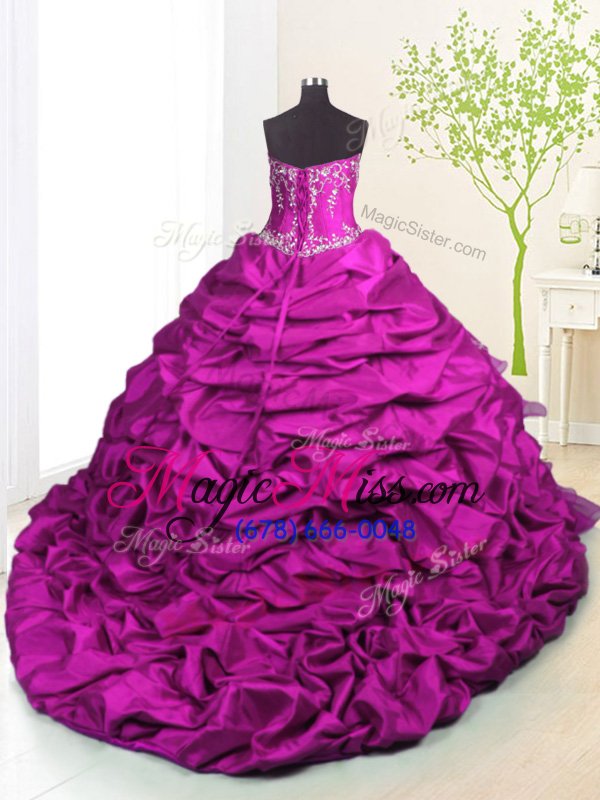 wholesale shining fuchsia strapless lace up beading and appliques and ruffled layers and pick ups quinceanera gowns brush train sleeveless