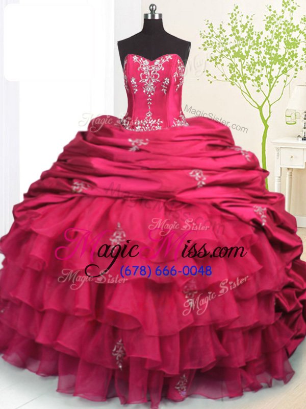 wholesale enchanting pick ups ruffled rose pink sleeveless organza and taffeta brush train lace up quinceanera gowns for military ball and sweet 16 and quinceanera