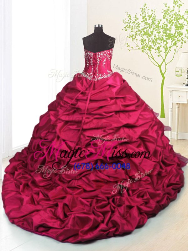 wholesale enchanting pick ups ruffled rose pink sleeveless organza and taffeta brush train lace up quinceanera gowns for military ball and sweet 16 and quinceanera