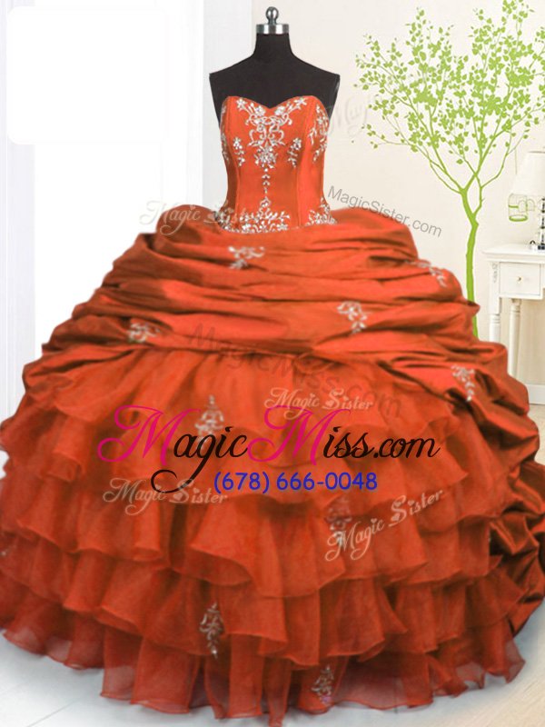 wholesale pretty orange red strapless lace up beading and appliques and ruffled layers and pick ups sweet 16 quinceanera dress brush train sleeveless