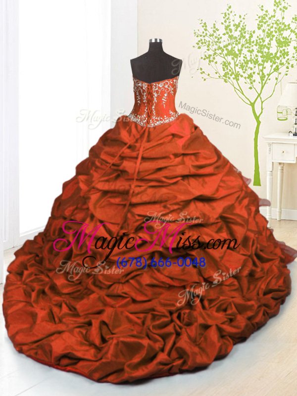 wholesale pretty orange red strapless lace up beading and appliques and ruffled layers and pick ups sweet 16 quinceanera dress brush train sleeveless