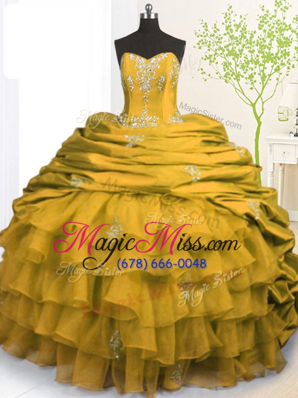 wholesale exquisite gold sleeveless with train beading and appliques and ruffled layers and pick ups lace up quinceanera gowns