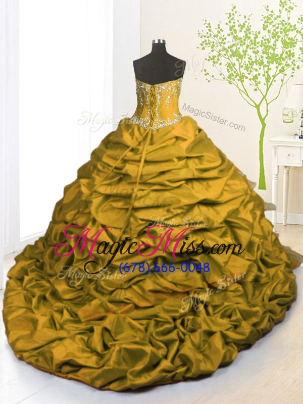 wholesale exquisite gold sleeveless with train beading and appliques and ruffled layers and pick ups lace up quinceanera gowns
