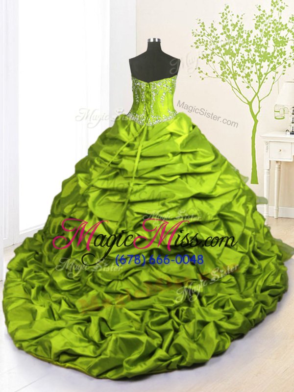 wholesale great pick ups ruffled with train apple green quinceanera dresses strapless sleeveless brush train lace up