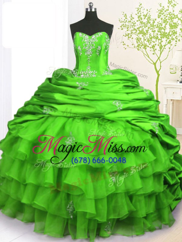 wholesale dynamic sleeveless brush train lace up with train beading and appliques and ruffled layers and pick ups quinceanera gowns