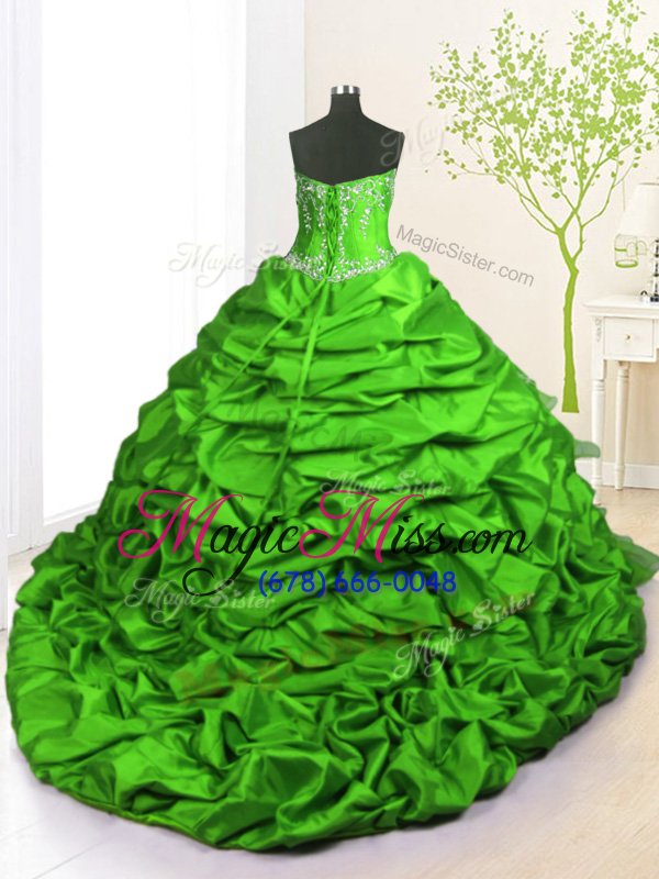 wholesale dynamic sleeveless brush train lace up with train beading and appliques and ruffled layers and pick ups quinceanera gowns