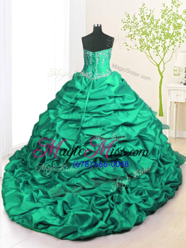 wholesale colorful pick ups ruffled strapless sleeveless brush train lace up 15 quinceanera dress turquoise organza and taffeta