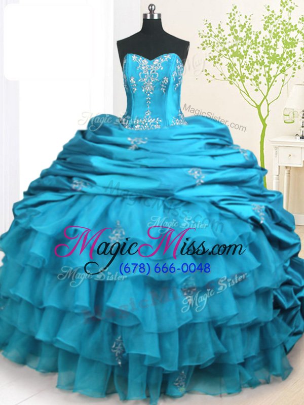 wholesale teal lace up sweet 16 quinceanera dress beading and appliques and ruffled layers and pick ups sleeveless with brush train