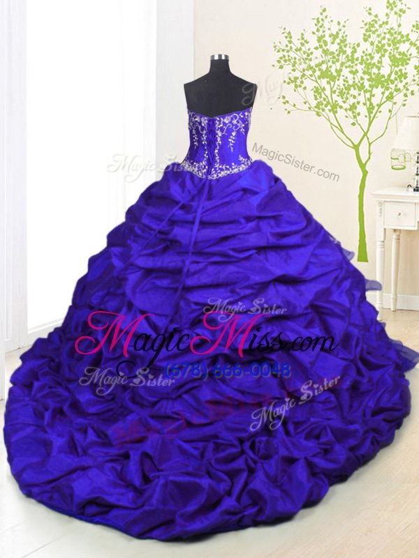 wholesale designer pick ups ruffled with train royal blue sweet 16 quinceanera dress strapless sleeveless brush train lace up