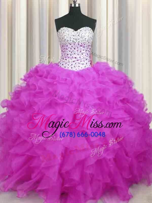 wholesale eye-catching fuchsia ball gowns sweetheart sleeveless organza floor length lace up beading and ruffles ball gown prom dress