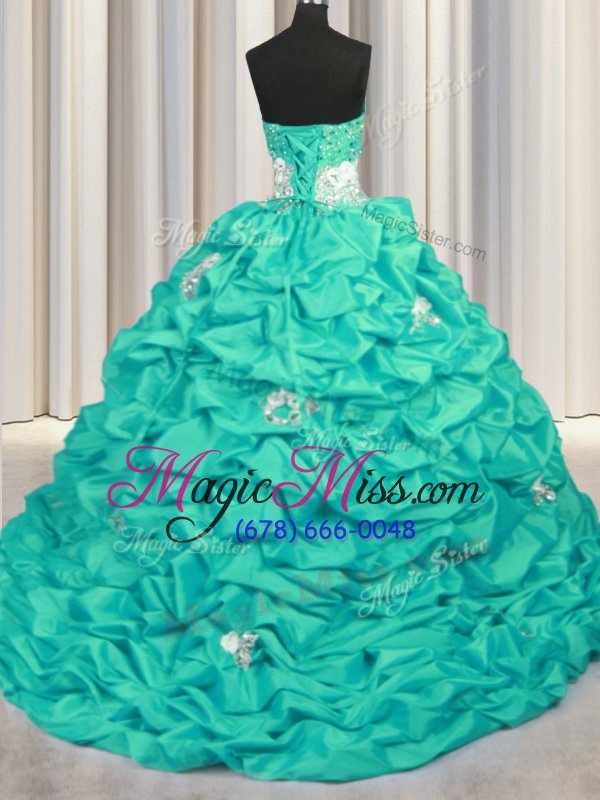 wholesale spectacular sleeveless brush train lace up with train appliques and sequins and pick ups ball gown prom dress