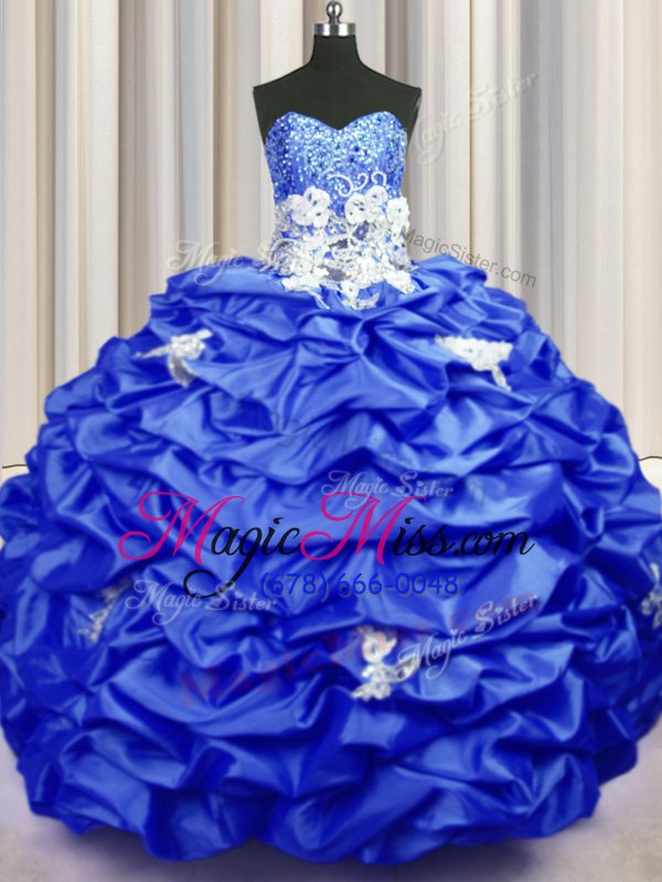 wholesale free and easy sequins pick ups with train royal blue quinceanera gown sweetheart sleeveless brush train lace up