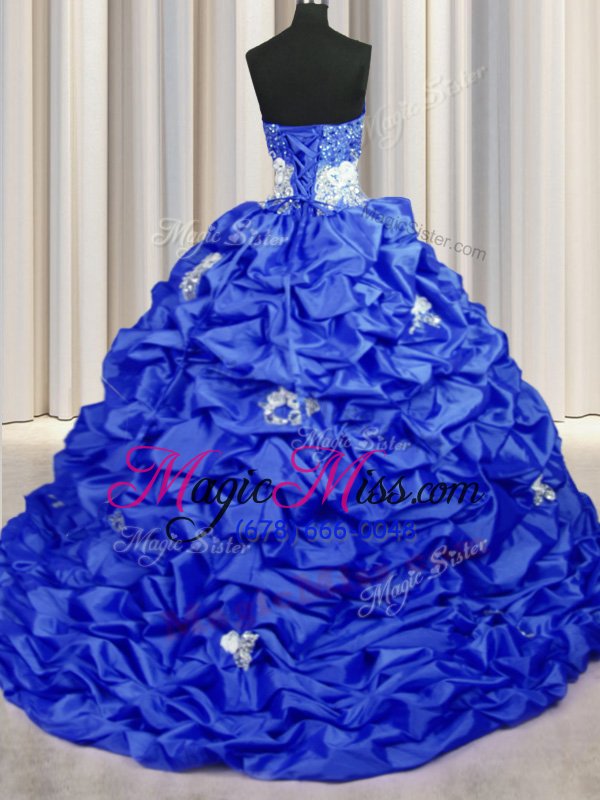wholesale free and easy sequins pick ups with train royal blue quinceanera gown sweetheart sleeveless brush train lace up