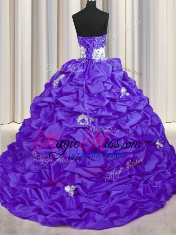 wholesale elegant sweetheart sleeveless quinceanera dress with brush train appliques and sequins and pick ups purple taffeta