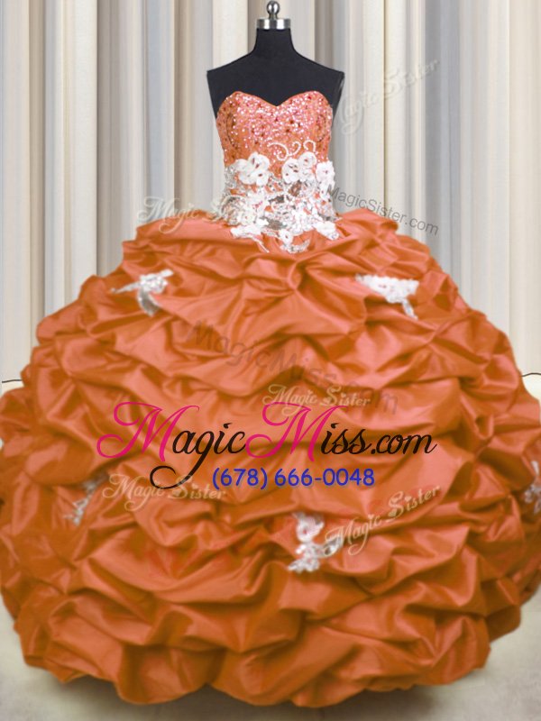 wholesale sleeveless taffeta with brush train lace up 15th birthday dress in orange for with appliques and sequins and pick ups