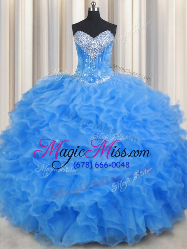 wholesale best selling baby blue organza lace up 15 quinceanera dress sleeveless floor length beading and ruffles