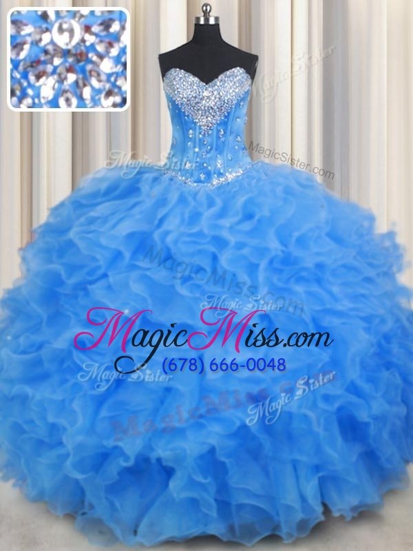 wholesale best selling baby blue organza lace up 15 quinceanera dress sleeveless floor length beading and ruffles