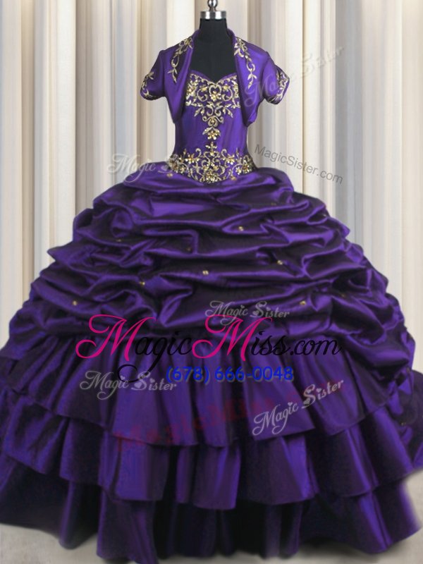 wholesale fine purple sweetheart lace up beading and appliques and pick ups 15th birthday dress brush train sleeveless