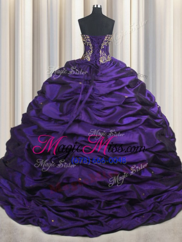 wholesale fine purple sweetheart lace up beading and appliques and pick ups 15th birthday dress brush train sleeveless