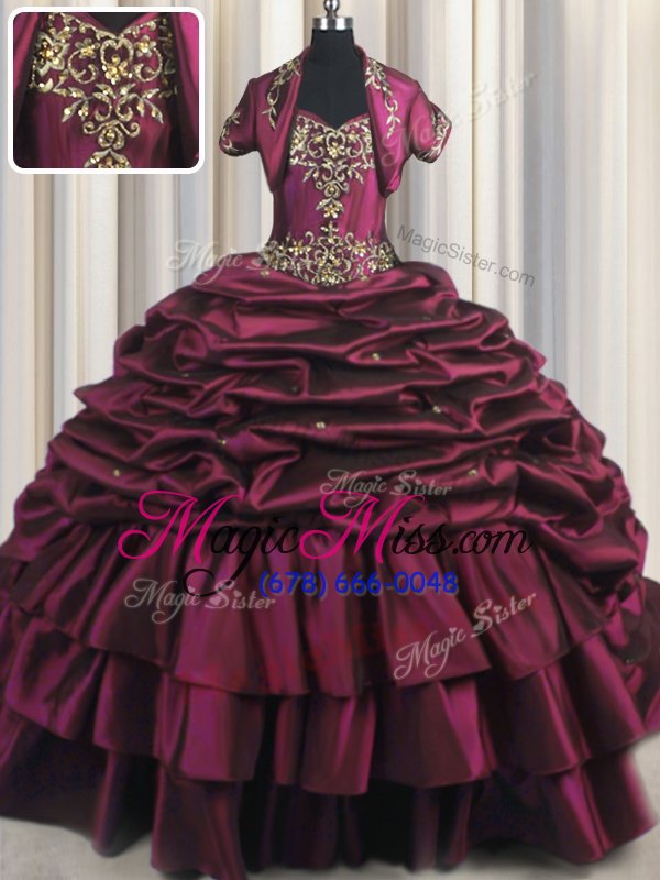 wholesale designer beading and appliques and pick ups quinceanera gown burgundy and fuchsia lace up sleeveless with brush train