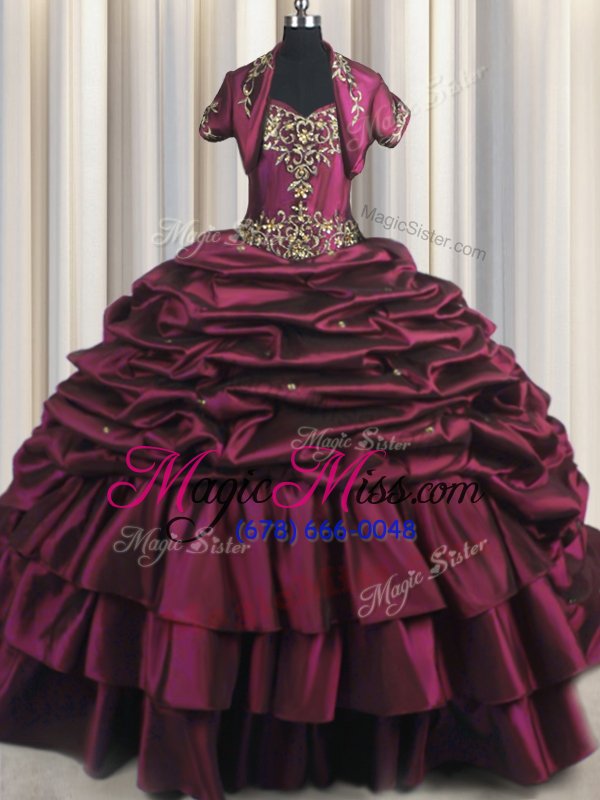wholesale designer beading and appliques and pick ups quinceanera gown burgundy and fuchsia lace up sleeveless with brush train