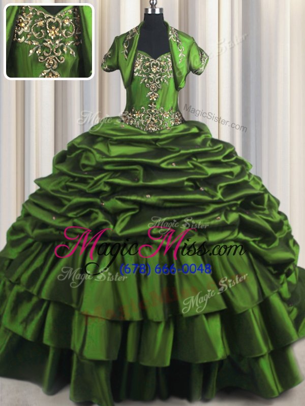 wholesale vintage green lace up sweetheart beading and appliques and pick ups quince ball gowns taffeta sleeveless brush train