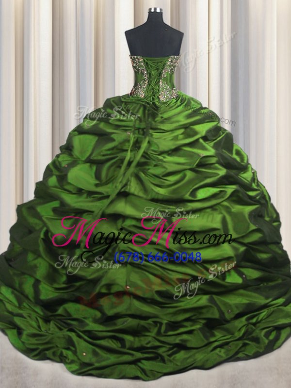 wholesale vintage green lace up sweetheart beading and appliques and pick ups quince ball gowns taffeta sleeveless brush train