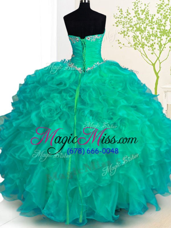 wholesale custom designed organza sweetheart sleeveless lace up beading and ruffles vestidos de quinceanera in turquoise