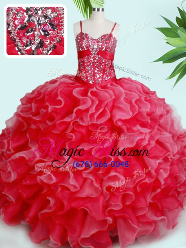 wholesale fabulous red organza lace up spaghetti straps sleeveless floor length vestidos de quinceanera beading and ruffles